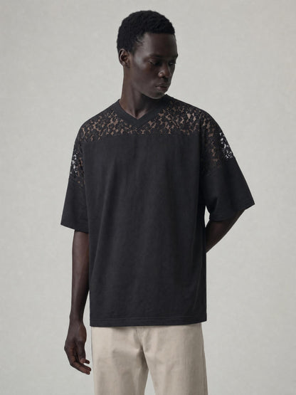 Unisex Lace Paneling V-Neck T-Shirt